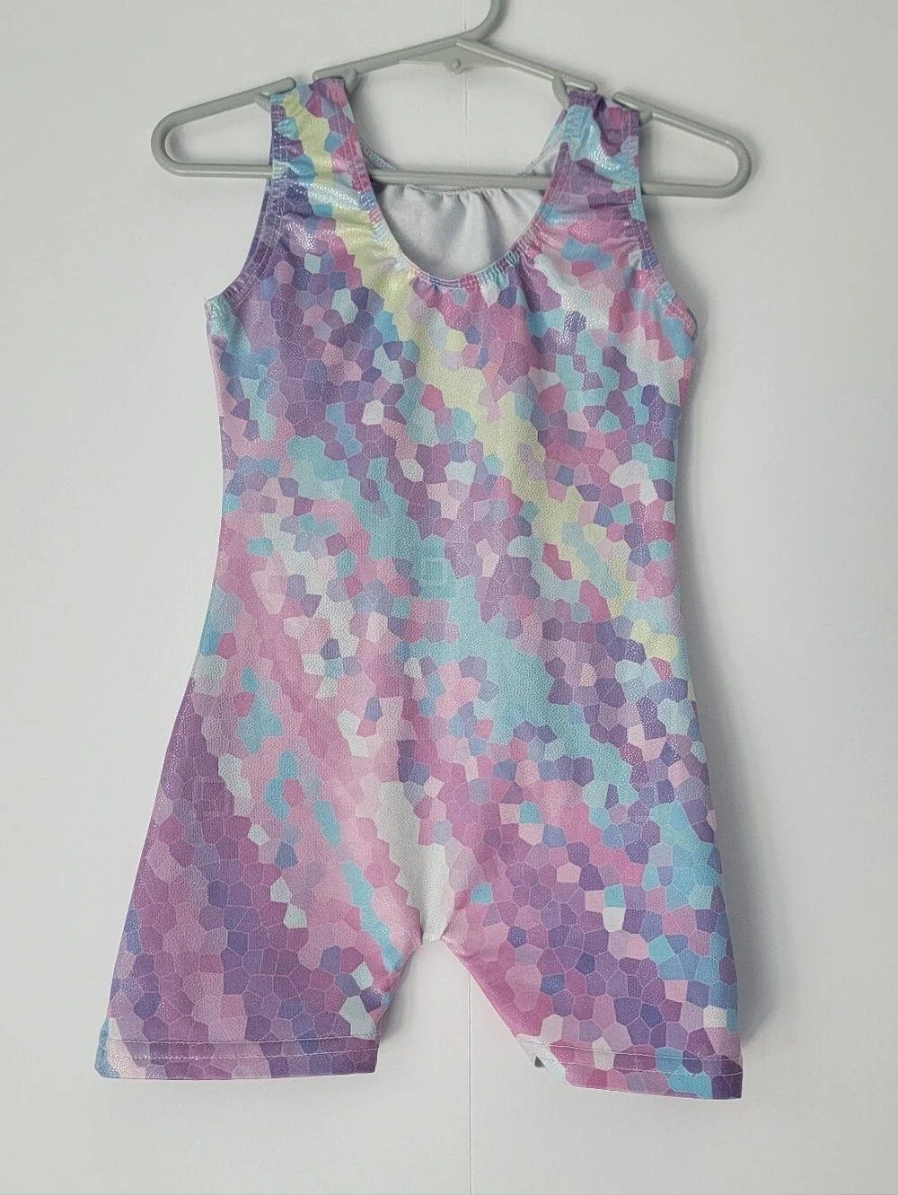 Girls Pastel Rainbow Mosaic Gymnastics Biketard Leotard Pink Purple Blue Size 90